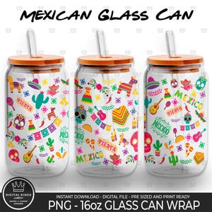 Emballage complet mexicain PNG Libbey 16 oz MEXIQUE boîte en verre Otomi Fiesta png Cinco de Mayo mexicain sublimation coloré fleur mexicaine Floral clipart