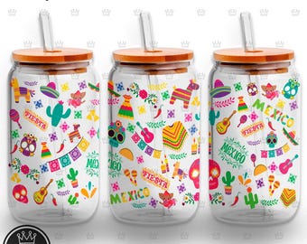 MESSICANO involucro completo PNG Libbey 16 once MESSICO Lattina di vetro Otomi Fiesta png messicano Cinco de Mayo sublimazione colorato fiore messicano clipart floreale