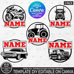 DIY Monogram Vehicules Pack Template Truck Car Tractor Motorcycle Split Monogram for Canva Personalize your design typing Name from keyboard