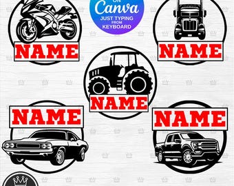 DIY Monogram Vehicules Pack Template Truck Car Tractor Motorcycle Split Monogram for Canva Personalize your design typing Name from keyboard