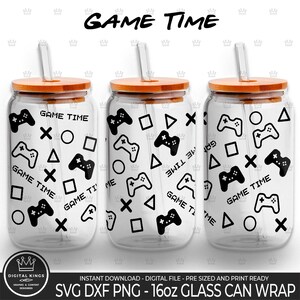 May include: Three 16oz glass can wraps with a gamer theme. The wraps feature a black and white design with game controllers, squares, triangles, circles, and the text "GAME TIME".