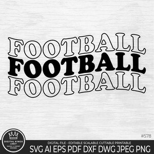 May include: Black and white graphic design with the word "FOOTBALL" repeated three times in a stacked layout. The middle word is solid black, while the top and bottom words are outlined. The design is on a white wood grain background.