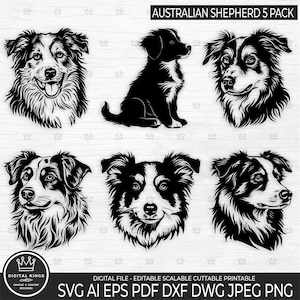 May include: A digital file pack featuring five black and white illustrations of Australian Shepherds. The images include detailed portraits and a full-body depiction of the dog breed. The text "AUSTRALIAN SHEPHERD 5 PACK" is at the top.