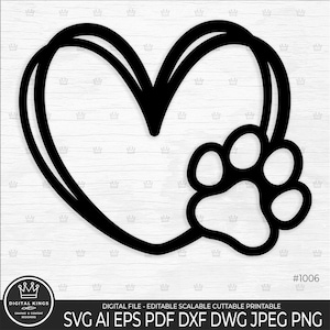 PAW COEUR SVG, Svg double coeur patte de chien, chat coeur patte Svg, chien chat maman Svg, animal de compagnie patte coeur Clipart Dxf numérique couper fichier usage Commercial 1006