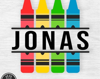 May include: A layered SVG cut file design featuring the name Jonas in black text with four colorful crayons stacked on top and bottom of the name. The crayons are red, yellow, green, and blue.