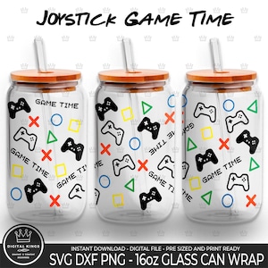 May include: Three 16oz glass can wraps with a design of black video game controllers, red X's, blue circles, yellow squares, and green triangles. The text "GAME TIME" is repeated throughout the design.