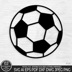 May include: Black and white silhouette of a soccer ball. The ball is a classic design with a traditional pattern of pentagons and hexagons.