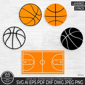 May include: Five layered SVG cut files for a basketball court and basketballs. The basketball court is orange with white lines. The basketballs are orange with black lines and black with white lines.