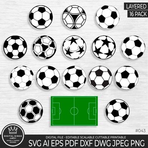 May include: A set of 16 black and white layered soccer ball SVG cut files. The files are perfect for creating crafts, decorations, and more. The set includes a variety of soccer ball designs, including a classic soccer ball, a soccer ball with stars, and a soccer ball with a field.
