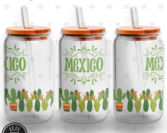 MESSICO involucro completo PNG Libbey 16oz Cactus MESSICANO Otomi vetro può png messicano Cinco de Mayo sublimazione cactus messicano Cactus succulente clipart