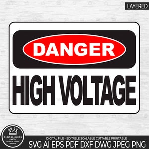 May include: A black and white warning sign with a red oval that says "DANGER" and the text "HIGH VOLTAGE" in black.