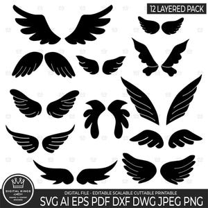 Peut inclure: Un ensemble de 12 ailes d'ange noires superposées dans différents styles et tailles. Les ailes sont parfaites pour l'artisanat, le scrapbooking et autres projets créatifs.