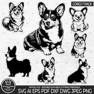 May include: A collection of seven black and white Corgi dog illustrations in various poses. The image includes the text "CORGI 7 PACK" and "DIGITAL KINGS" with file format options: SVG, AI, EPS, PDF, DXF, DWG, JPEG, and PNG.