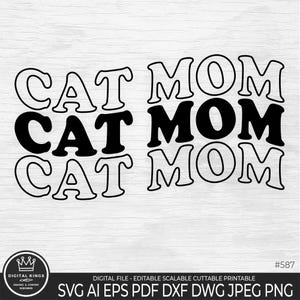 May include: Black and white graphic design with the text "CAT MOM" repeated three times. The text is in a bold, rounded font.