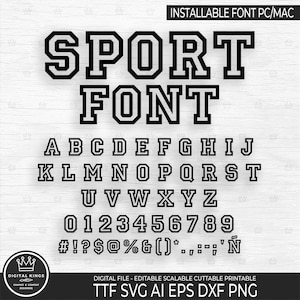 "Installierbare SPORT-Schriftart TTF, Varsity-Buchstaben SVG, Jersey-Schriftart Svg, Sport-Alphabet, Sportschrift, College-Schrift, Universitäts-Schrift Svg Png Dxf."
