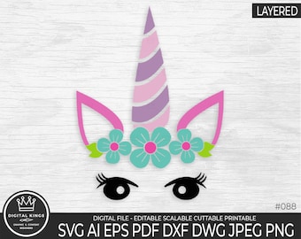 May include: A layered digital design of a unicorn with a pink and purple horn, pink ears, and a flower crown with blue and green flowers. The unicorn has black eyes with eyelashes.