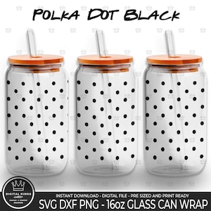 May include: Three 16oz glass can wraps with a black polka dot pattern on a white background. The wraps are designed to fit around a glass can with a straw.