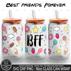 BFF Wrap beste Freundin für immer Libbey 16 Unzen Glasdose BFF Png Datei Sublimation Freunde Geschenk Eiskaffee BFF Glasdose Bester Freund Png uv dtf