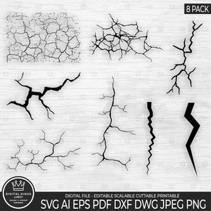 Pode incluir: Oito padrões de rachaduras em preto e branco, perfeitos para projetos de artesanato, scrapbooking ou design digital. As rachaduras são de várias formas e tamanhos, incluindo uma grande superfície rachada, uma rachadura longa e uma forma de raio.