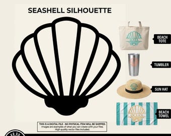 May include: A black seashell silhouette graphic design file. The image displays the seashell icon applied to a beige beach tote, a silver tumbler, a straw sun hat, and a teal and white striped beach towel with the text OCEAN.