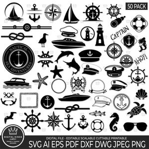 May include: A set of 50 black and white nautical themed SVG cut files. The set includes anchors, ships, compasses, seagulls, fish, and other nautical designs. The text "Captain" and "Ahoy!" are included in the design.