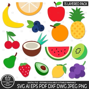 15 paquete en capas de FRUTA DE VERANO Svg Fruta de Verano Png Fruta de Verano dxf Archivo de corte de Fruta de Verano Archivo vectorial de Fruta Jugosa Coco Piña Plátano