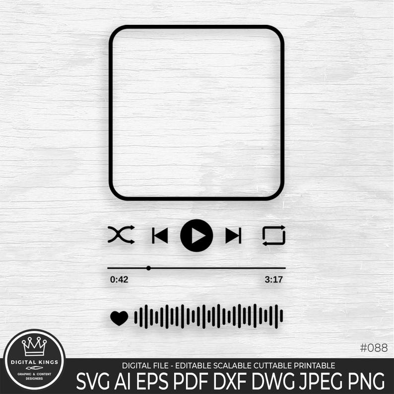 Op de afbeelding: Zwart-witte digitale audiospeler-afbeelding met een vierkant frame, play-, pauze-, terugspoel-, snelvooruit- en herhalingsknoppen. De afbeelding bevat ook een voortgangsbalk met de tijden 0:42 en 3:17, een harticoon en een reeks verticale lijnen die een audiogolfvorm voorstellen.
