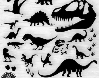May include: A collection of twenty black dinosaur silhouettes including various species, a large skull, and footprints. The digital file set features editable, scalable, and printable formats like SVG, AI, EPS, PDF, DXF, DWG, JPEG, and PNG for projects.