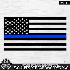May include: A black and white American flag with a single blue stripe across the middle. The flag is layered for easy cutting and is suitable for crafting projects.