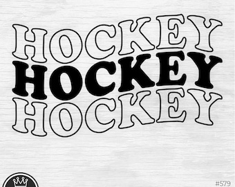 May include: A digital graphic design featuring the word HOCKEY repeated three times in a stacked, wavy layout. The top and bottom lines are outlined in black, while the middle line is filled with solid black text on a white background.