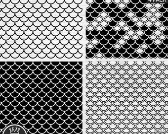 4 SIRENA SEAMLESS patrón Svg Paquete Sirena Cola Patrón Archivos de corte Escamas de pescado Patrón SVG Sirena patrón contorno Sirena Vieira Concha