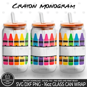 Crayon Monogram Wrap Svg Crayon Split Monograma Libbey 16oz Vidro Can Crayola Png arquivo Sublimação Professor Monograma gelo café Escola UV DTF