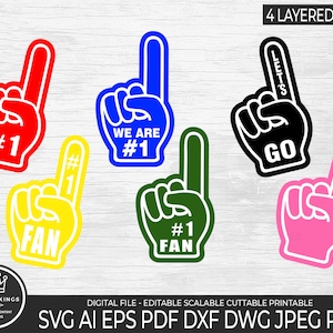 6 waaierschuim HAND gelaagde bundel Svg vinger hand Clipart schuim vinger Png sportondersteuning Coach Team nummer één veelkleurige Cricut commercieel gebruik