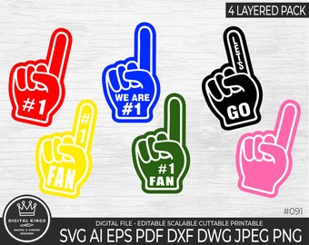 6 ファン フォーム ハンド レイヤード バンドル SVG フィンガー ハンド クリップアート フォーム フィンガー PNG スポーツ サポート コーチ チーム ナンバーワン マルチカラー Cricut 商用利用