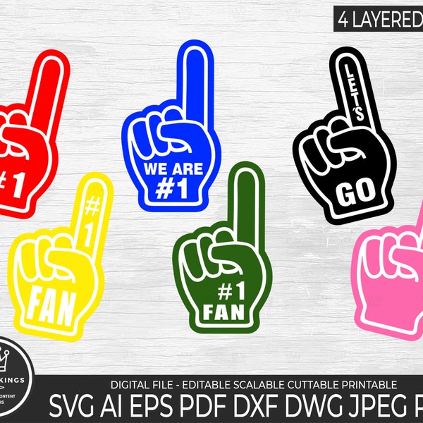 6 Fan FINGER HAND layered bundle Svg Finger Hand Clipart Foam Finger png Sports Photo Props Team number one multicolor Cricut Commercial Use