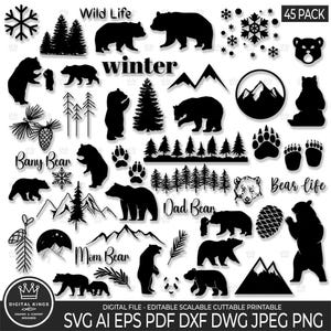 OURS Bundle Svg, hiver Svg, montagnes pins grizzly Svg, maman ours, scène d'hiver enneigée svg, forêt, bébé ours, nature sauvage