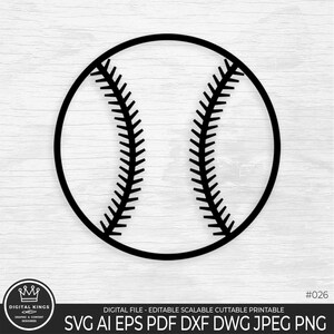 May include: Black and white illustration of a baseball. The baseball has a classic design with stitching.