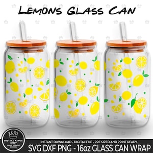 May include: Three 16oz glass can wraps with a lemon pattern. The wraps feature yellow lemons, green leaves, and white dots on a clear background. The wraps are pre-sized and print-ready.