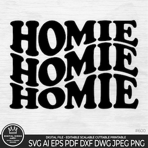 Könnte beinhalten: Schwarzweißes Grafikdesign mit dem Wort "HOMIE", das dreimal in einem gestapelten, überlappenden Muster wiederholt wird.