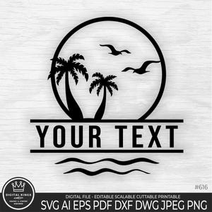 Può includere: Silhouette in bianco e nero di due palme e due uccelli che volano sopra un sole con il testo "YOUR TEXT" sotto. Il design è su uno sfondo a grana di legno.