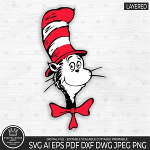 Cat In The Hat Face  Layered Svg Cat In Hat Character Png Digital Vector Cat In Hat Cut File Cat in Hat Character Seuss Celebrate Reading