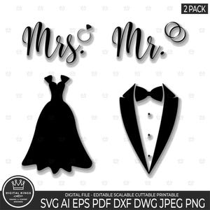 Paquete de siluetas SVG de Sr. y Sra., archivo de corte de letrero de Sr. y Sra., esmoquin de novio, vestido de novia, letrero de boda, Svg de matrimonio, despedida de soltera, regalo de boda