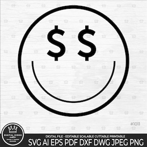 May include: Black and white graphic of a smiley face with dollar signs for eyes. The design is a simple, bold outline, perfect for various applications. The image includes the text "DIGITAL KINGS" and file type information.