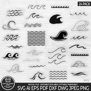 May include: A set of 24 black and white wave design SVG cut files. The designs include various wave shapes, including simple lines, curved waves, and more complex designs. The text "24 PACK" and "#615" are visible in the image.
