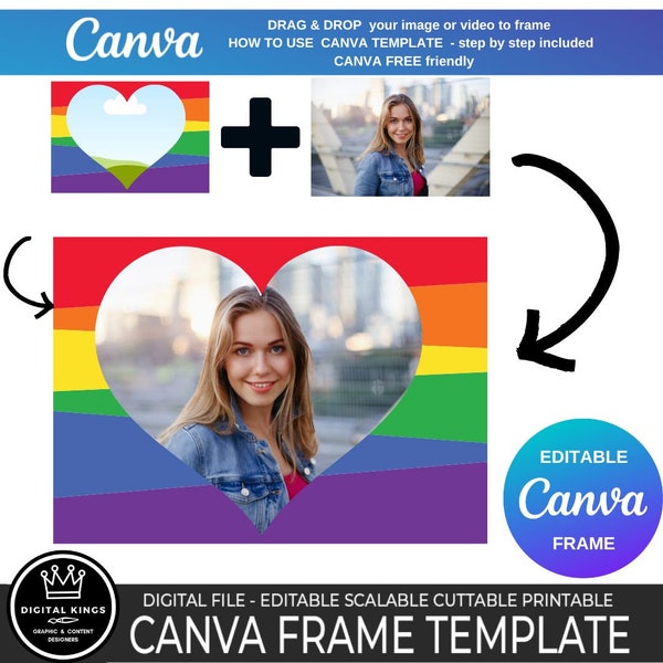 RAINBOW Heart Canva Frame Drag and Drop Lgtb Love Portrait CANVA Frame Template Wedding Photo Canva Free friendly Family BFF Commercial Use