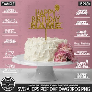 Joyeux anniversaire gâteau Svg Bundle, monogramme de gâteau découpé au laser personnalisé bricolage, modèle de coupe fichier, nom PNG DXF Cricut Silhouette