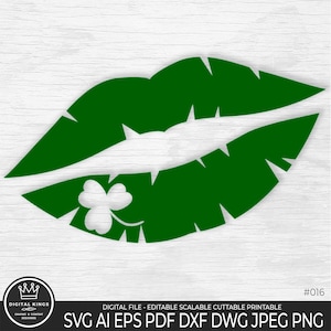 May include: Green lips with a shamrock in the center.  The lips are a dark green and the shamrock is a lighter green.  This is a digital file for cutting and printing.