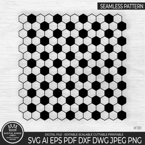 May include: Black and white seamless pattern of soccer balls arranged in a hexagonal pattern. The pattern is suitable for use as a background or for creating crafts.