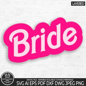 May include: Pink and white "Bride" sign with a bubbly font. The sign is layered and can be used for a wedding or bridal shower.