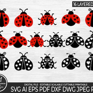 16 bundle a strati LADYBUG Svg, Ladybug Svg, Ladybug Clipart t, Red Ladybug Cricut, file vettoriale del cuore di Ladybug, Bug Love USO COMMERCIALE